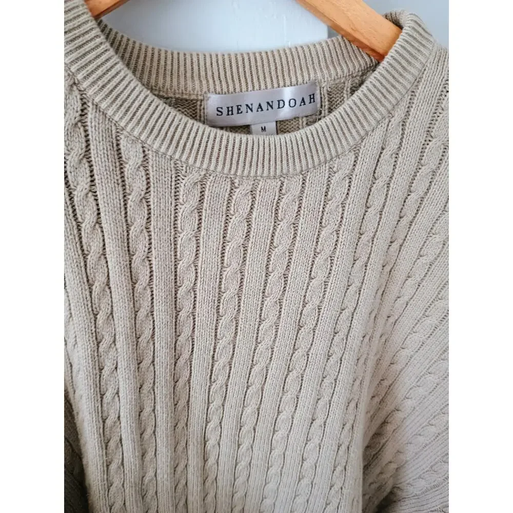 Vtg Shenandoah cotton cable knit crewneck sweater tan Brown M old money